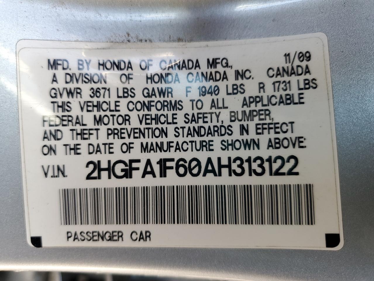 2010 Honda Civic VIN 2HGFA1F60AH313122 Copart auction photo, front end / rear end damage thumbnail 13