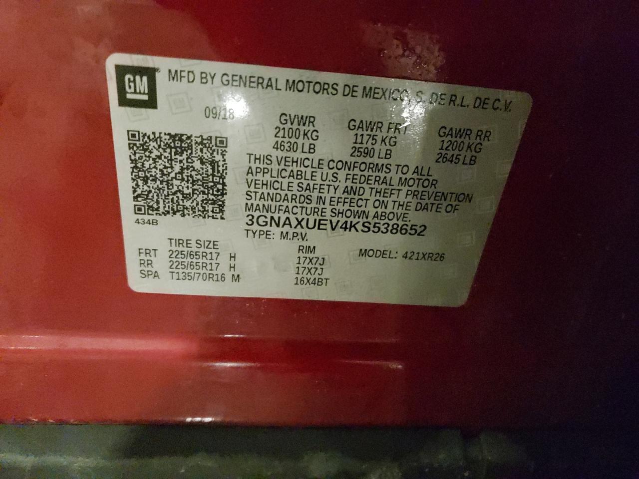 2019 Chevrolet Equinox VIN 3GNAXUEV4KS538652 Copart auction photo, side / front end damage thumbnail 13