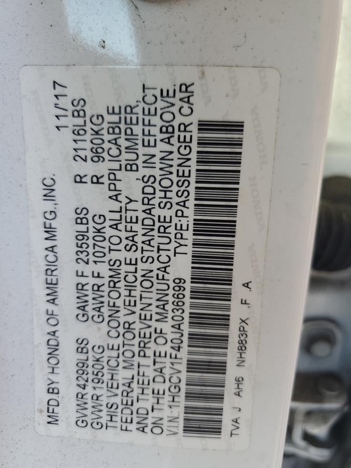 2018 Honda Accord VIN 1HGCV1F40JA036699 Copart auction photo, water/flood damage thumbnail 12