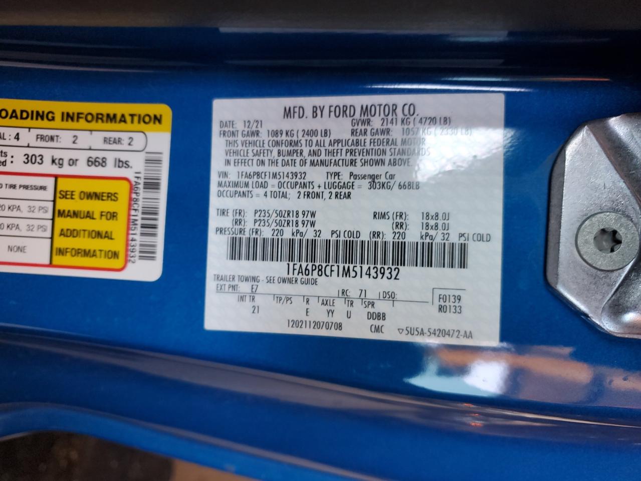 2021 Ford Mustang VIN 1FA6P8CF1M5143932 Copart auction photo, front end damage thumbnail 14