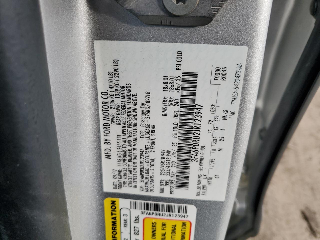 2018 Ford Fusion VIN 3FA6P0RU2JR123947 Copart auction photo, rear end / minor dent/scratches damage thumbnail 12