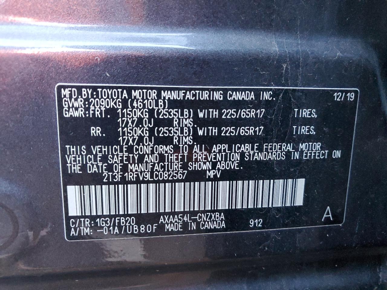 2020 Toyota RAV 4 VIN 2T3F1RFV9LC082567 Copart auction photo, front end / minor dent/scratches damage thumbnail 13