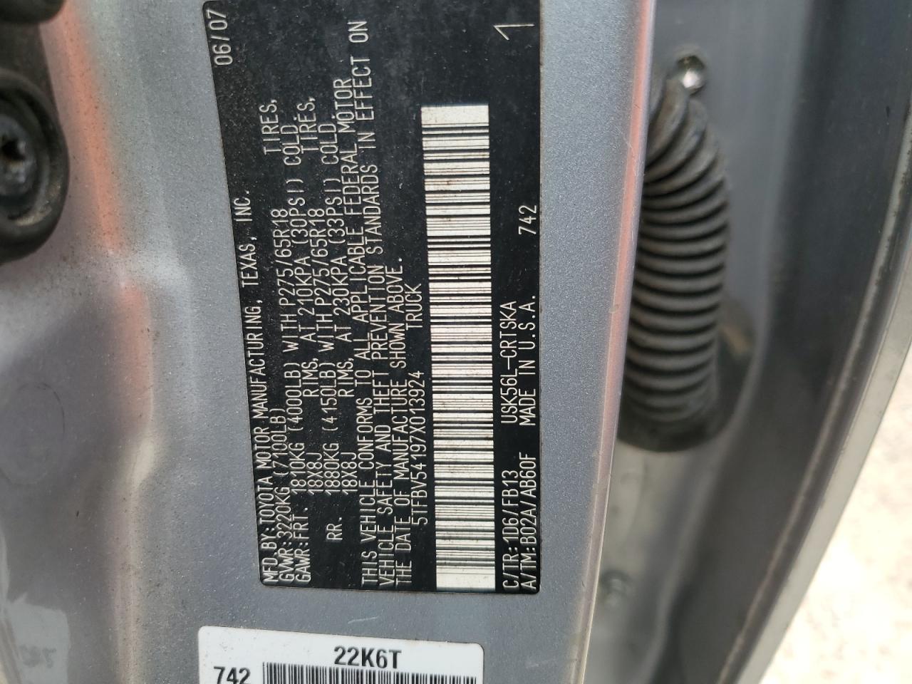 2007 Toyota Tundra VIN 5TFBV54197X013924 Copart auction photo, water/flood damage thumbnail 13