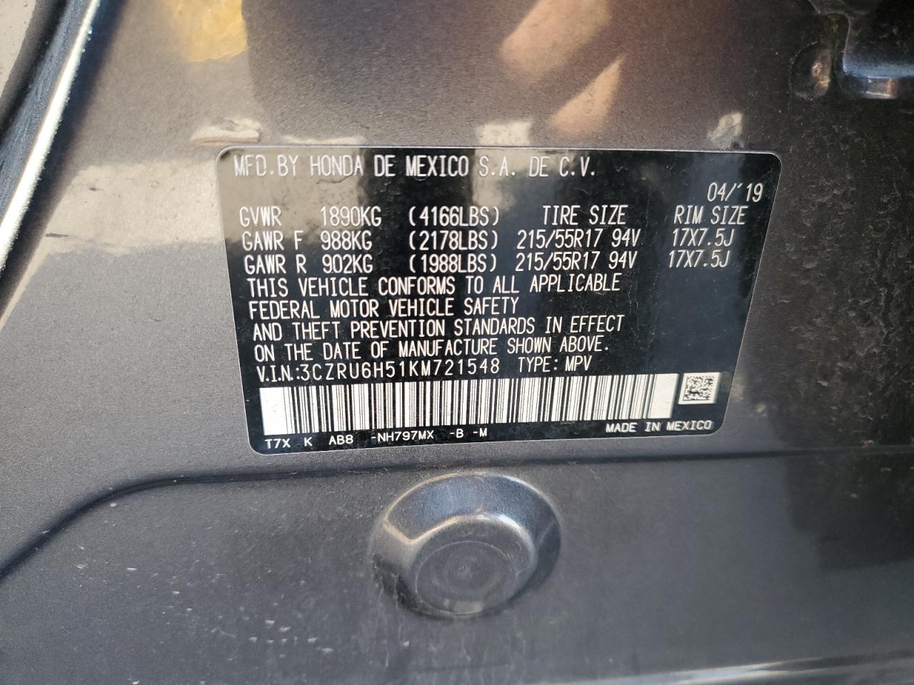 2019 Honda HR-V VIN 3CZRU6H51KM721548 Copart auction photo, side / rear end damage thumbnail 13