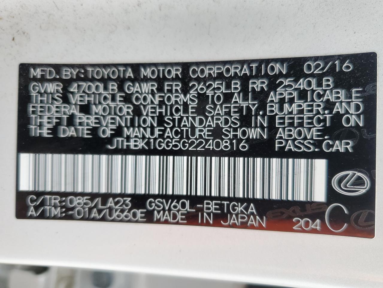 2016 Lexus ES VIN JTHBK1GG5G2240816 Copart auction photo, front end damage thumbnail 14