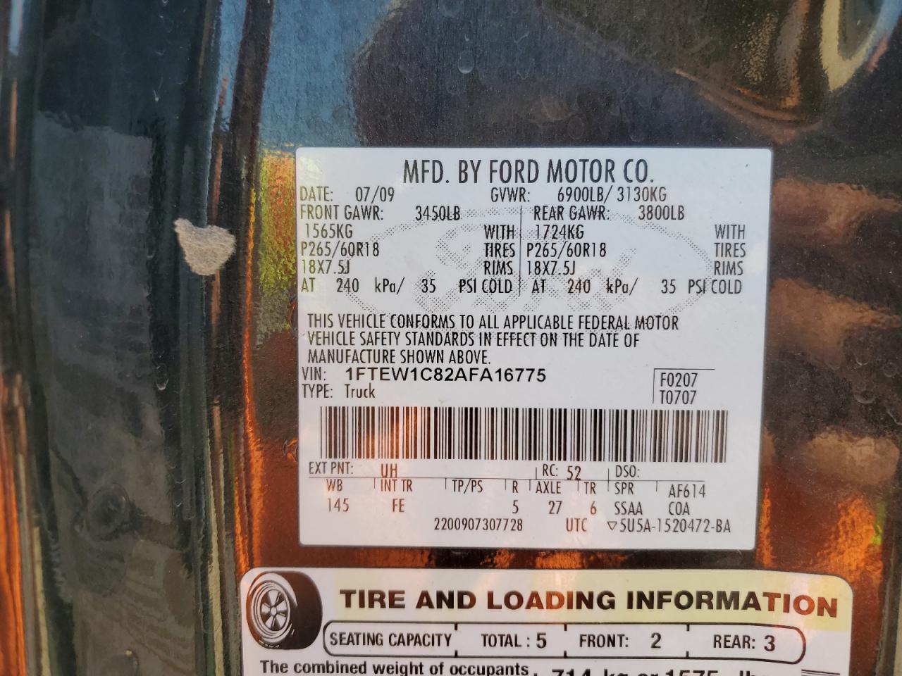 2010 Ford F-150 VIN 1FTEW1C82AFA16775 Copart auction photo, front end / minor dent/scratches damage thumbnail 12