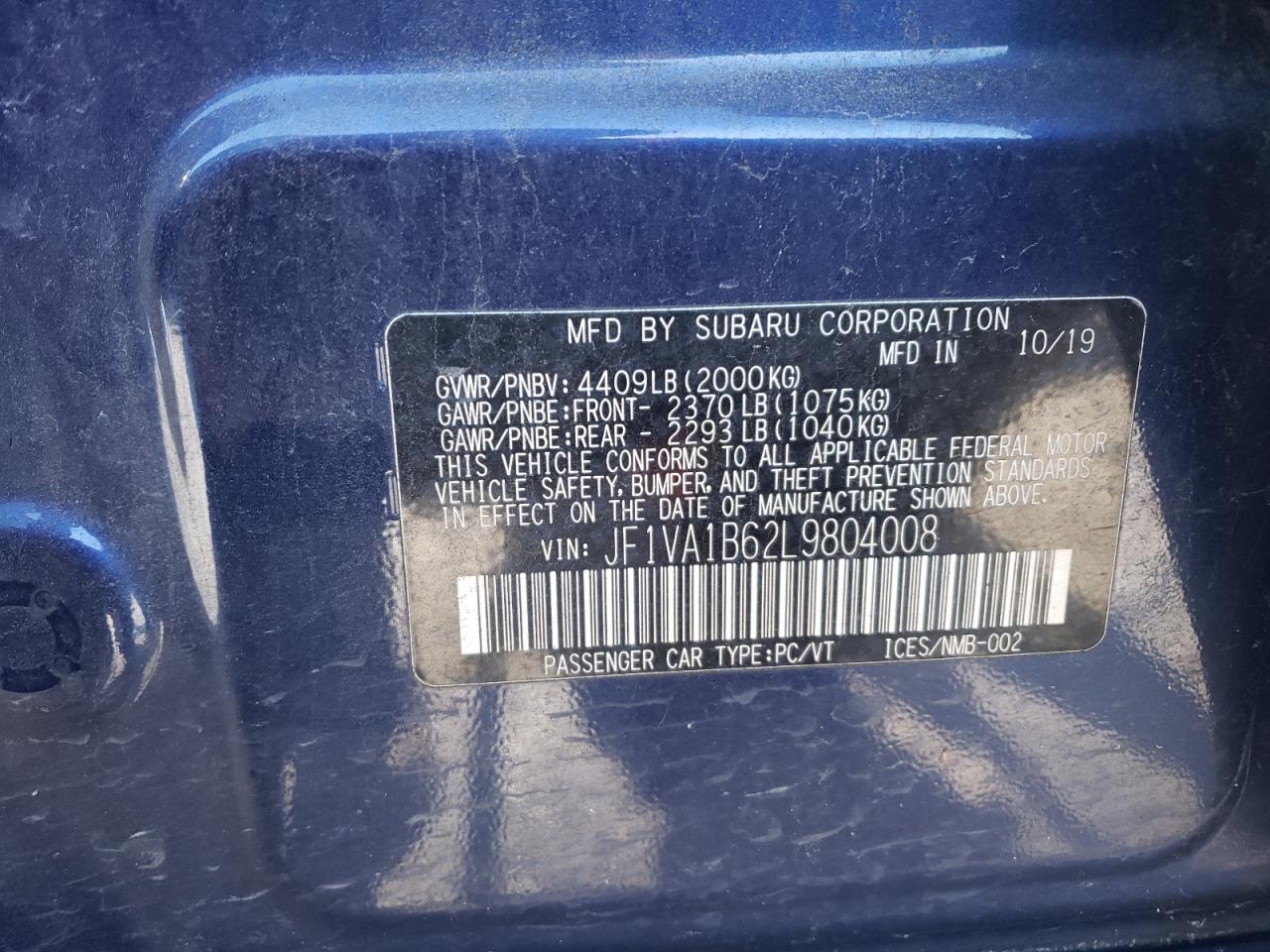 2020 Subaru WRX VIN JF1VA1B62L9804008 Copart auction photo, front end / side damage thumbnail 13