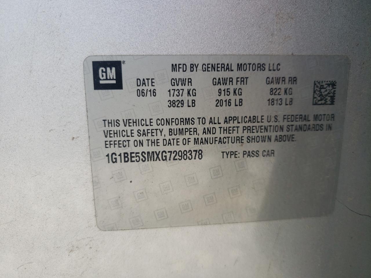 2016 Chevrolet Cruze VIN 1G1BE5SMXG7298378 Copart auction photo, normal wear / minor dent/scratches damage thumbnail 12