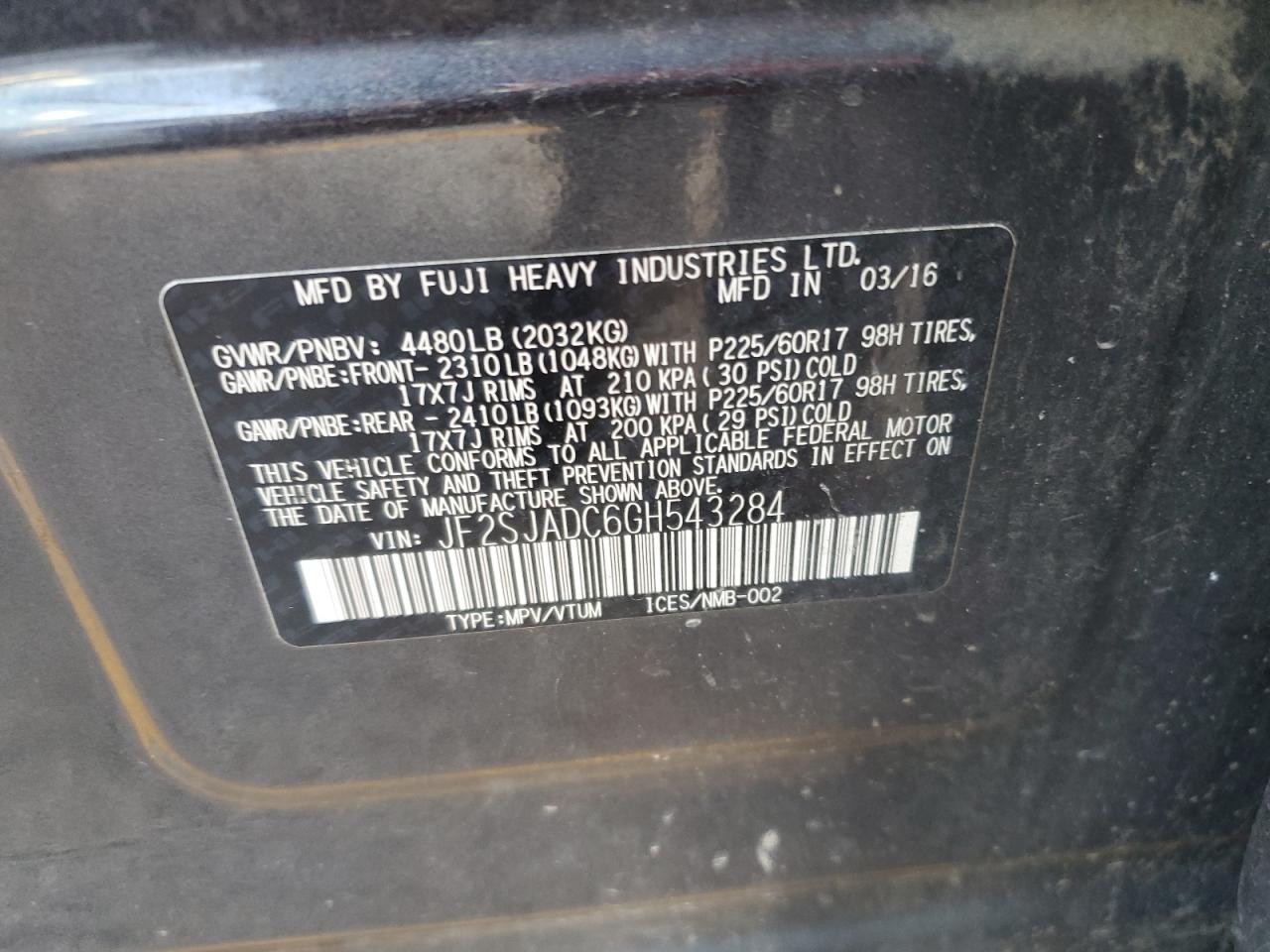 2016 Subaru Forester VIN JF2SJADC6GH543284 Copart auction photo, all over / frame damage damage thumbnail 13