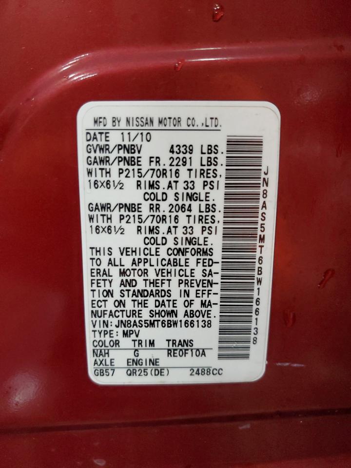 2011 Nissan Rogue VIN JN8AS5MT6BW166138 Copart auction photo, front end damage thumbnail 12