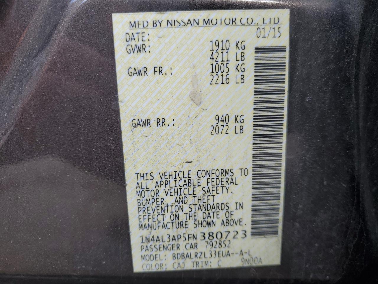 2015 Nissan Altima VIN 1N4AL3AP5FN380723 Copart auction photo, rear end damage thumbnail 14