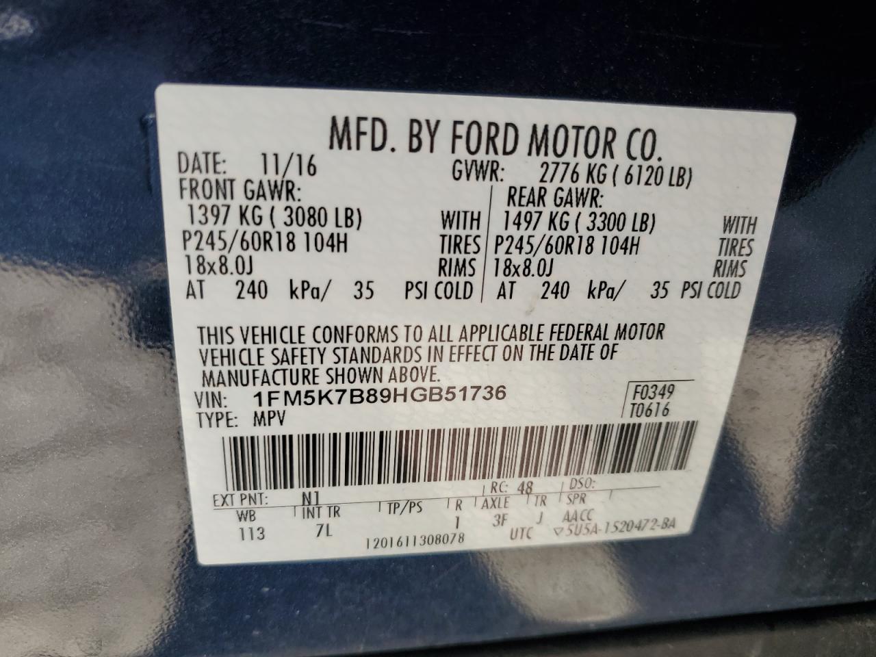 2017 Ford Explorer VIN 1FM5K7B89HGB51736 Copart auction photo, front end damage thumbnail 15