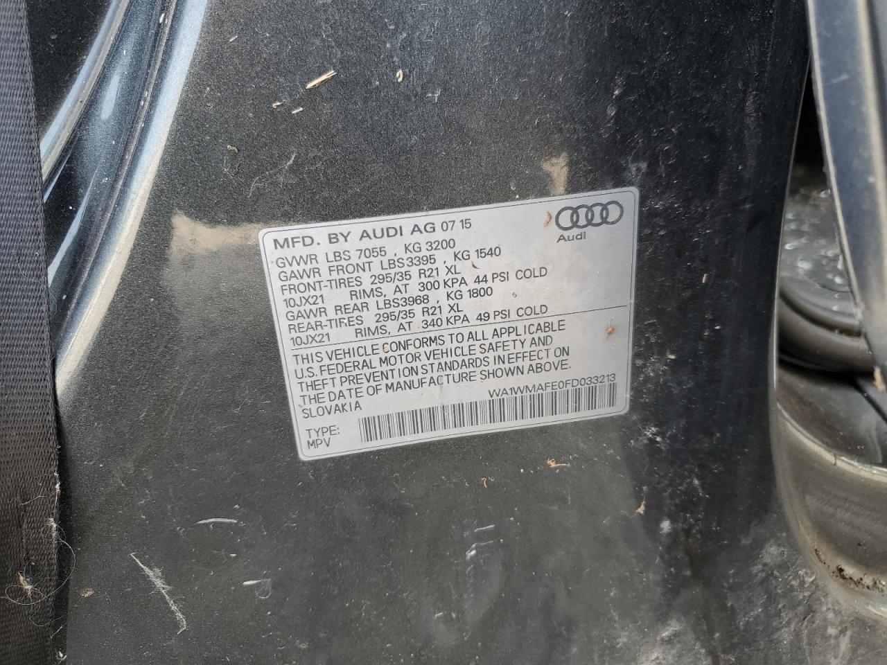 2015 Audi Q7 VIN WA1WMAFE0FD033213 Copart auction photo, all over damage thumbnail 13