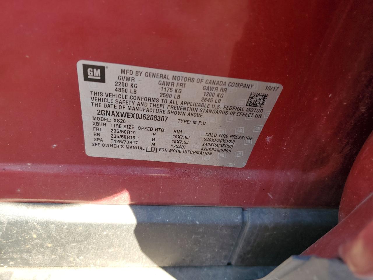2018 Chevrolet Equinox VIN 2GNAXWEX0J6208307 Copart auction photo, front end damage thumbnail 15