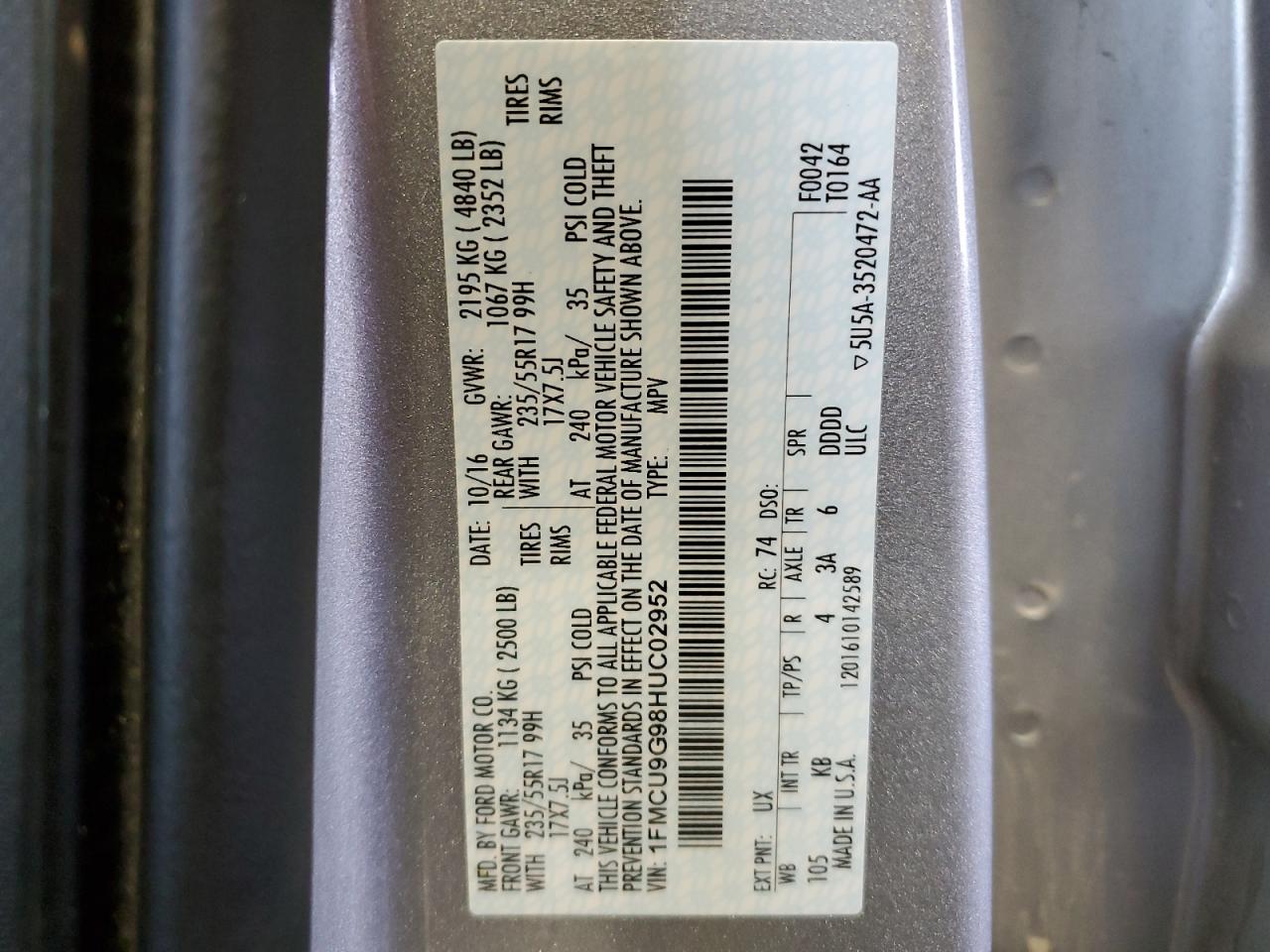 2017 Ford Escape VIN 1FMCU9G98HUC02952 Copart auction photo, front end damage thumbnail 13