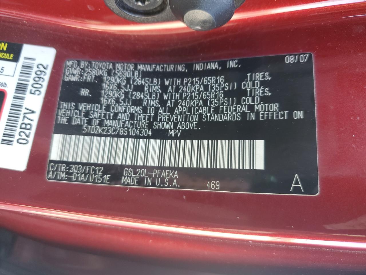 2008 Toyota Sienna VIN 5TDZK23C78S104304 Copart auction photo, rear end / side damage thumbnail 15