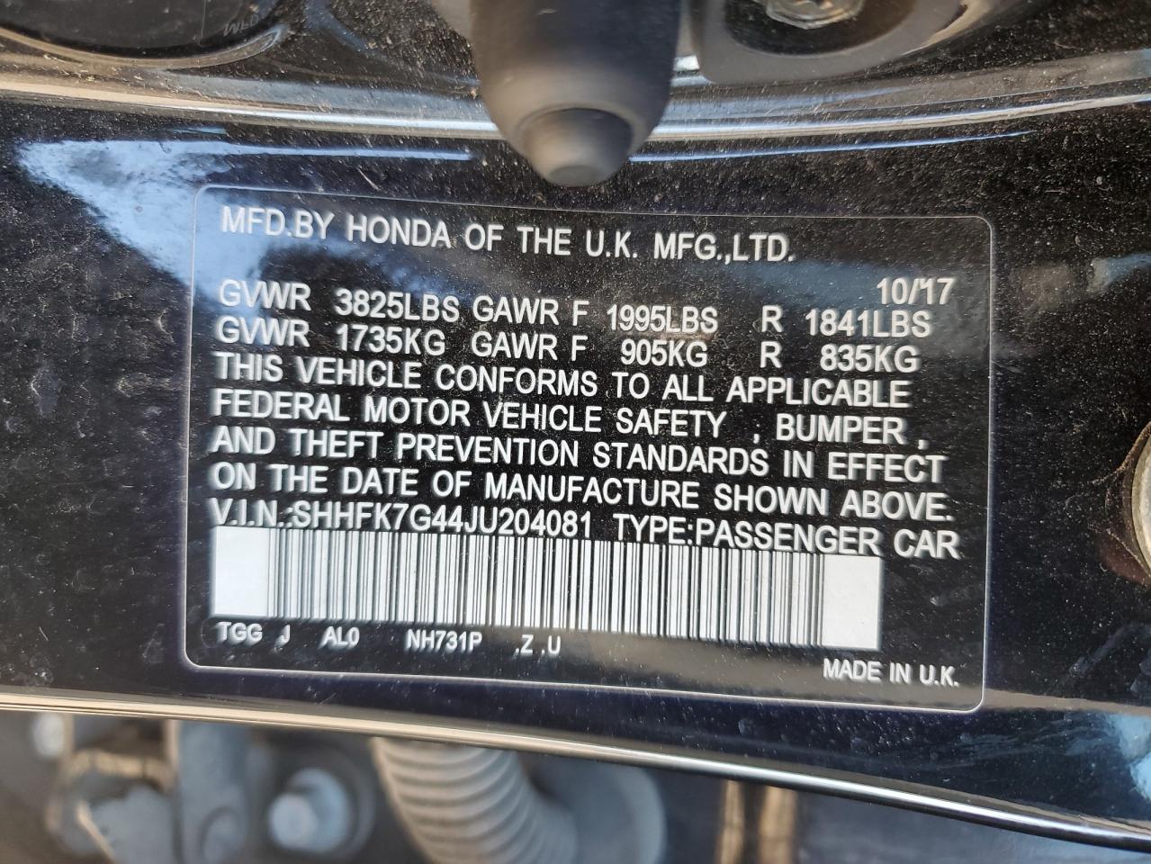 2018 Honda Civic VIN SHHFK7G44JU204081 Copart auction photo, front end damage thumbnail 14
