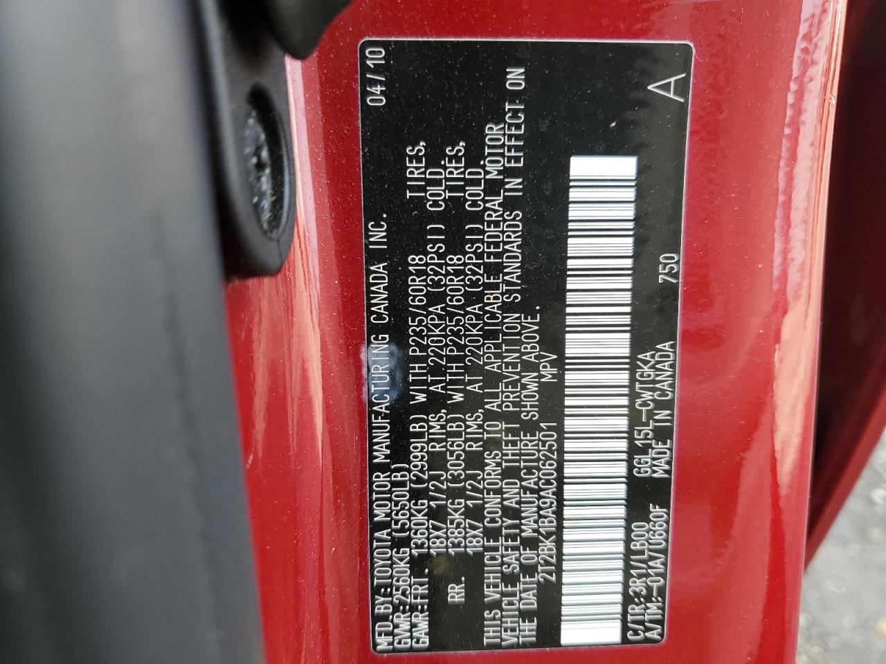 2010 Lexus RX VIN 2T2BK1BA9AC062501 Copart auction photo, front end / side damage thumbnail 12