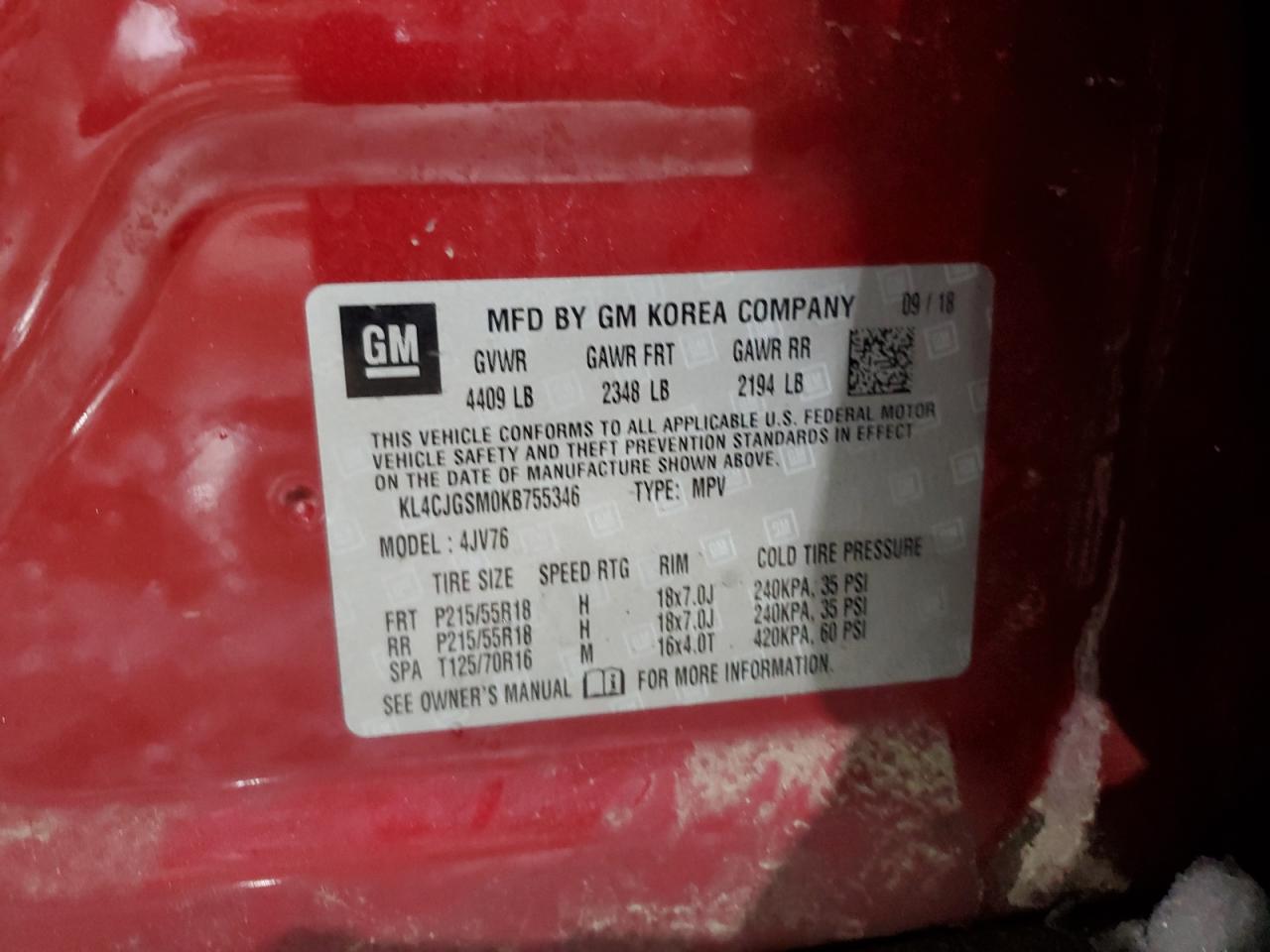 2019 Buick Encore VIN KL4CJGSM0KB755346 Copart auction photo, front end / minor dent/scratches damage thumbnail 15