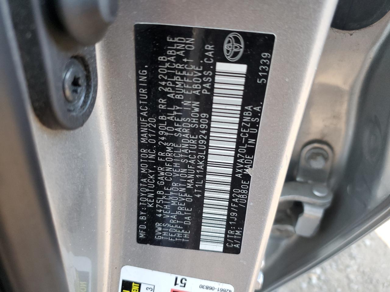 2020 Toyota Camry VIN 4T1L11AK3LU924909 Copart auction photo, all over damage thumbnail 14