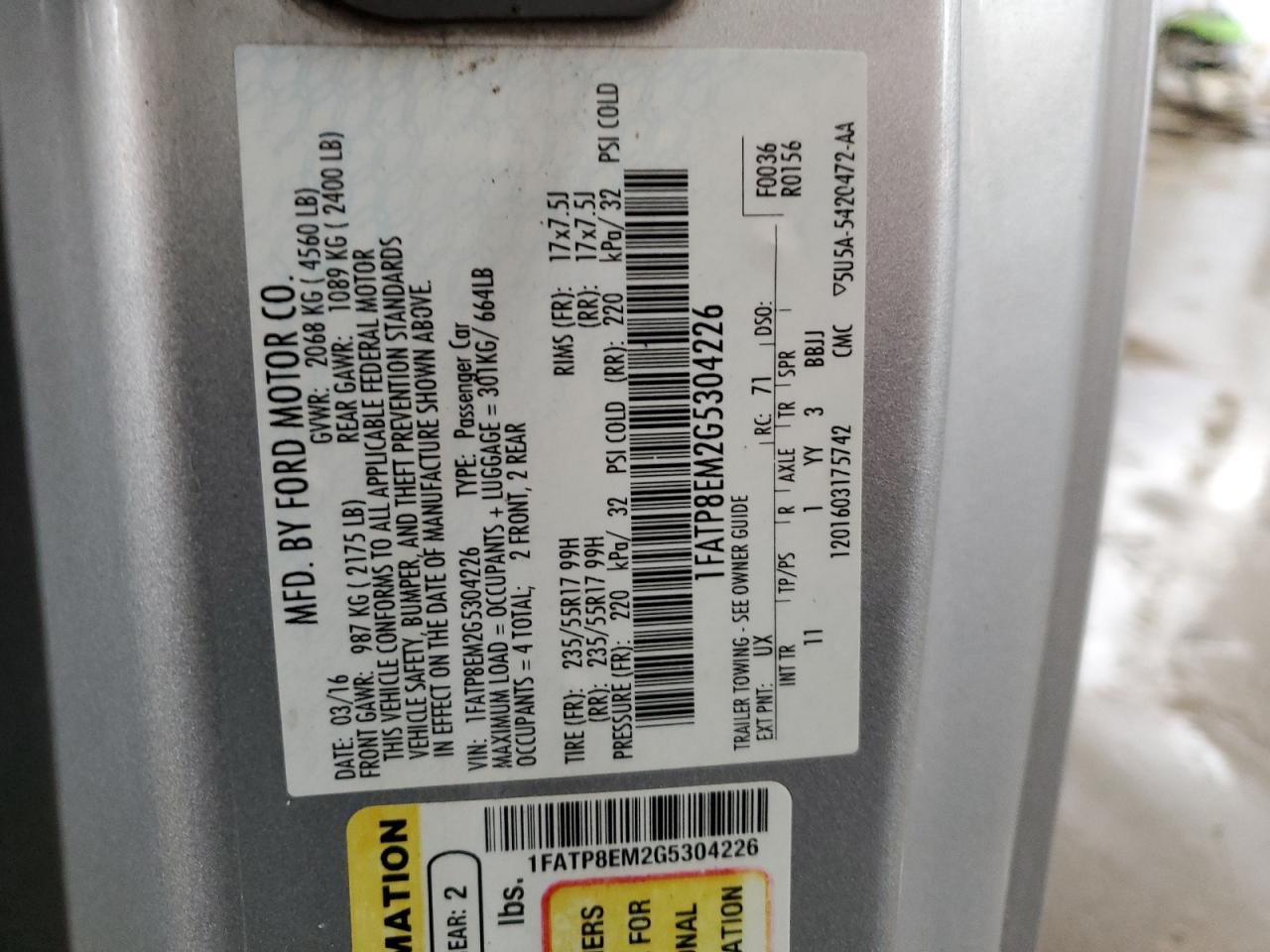 2016 Ford Mustang VIN 1FATP8EM2G5304226 Copart auction photo, water/flood damage thumbnail 13