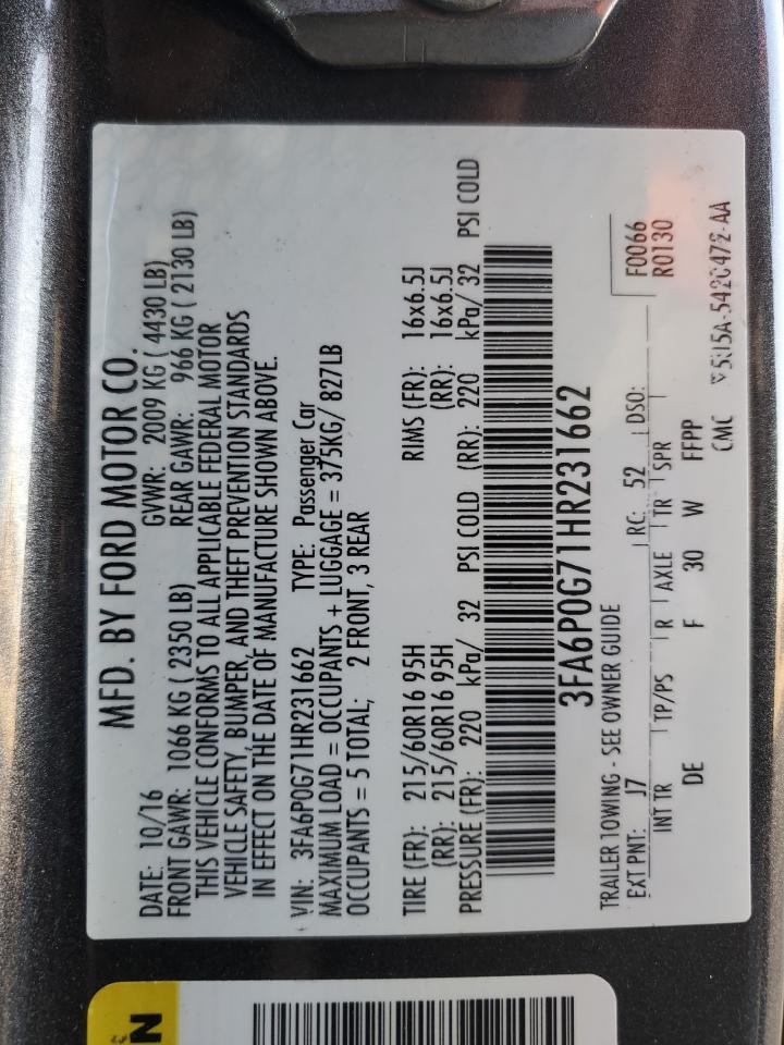 2017 Ford Fusion VIN 3FA6P0G71HR231662 Copart auction photo, water/flood damage thumbnail 13