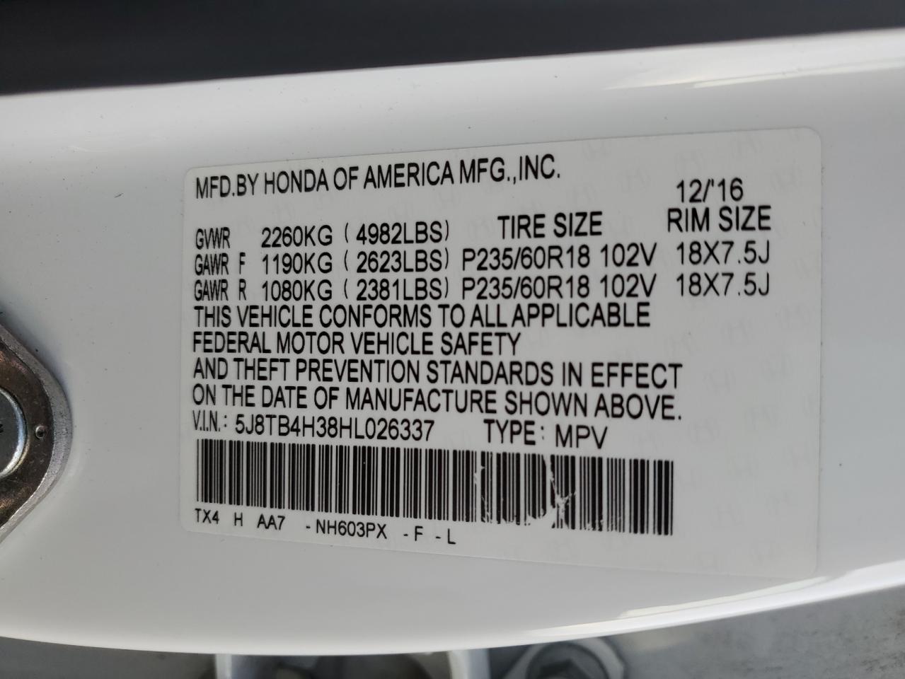 2017 Acura RDX VIN 5J8TB4H38HL026337 Copart auction photo, front end / minor dent/scratches damage thumbnail 15