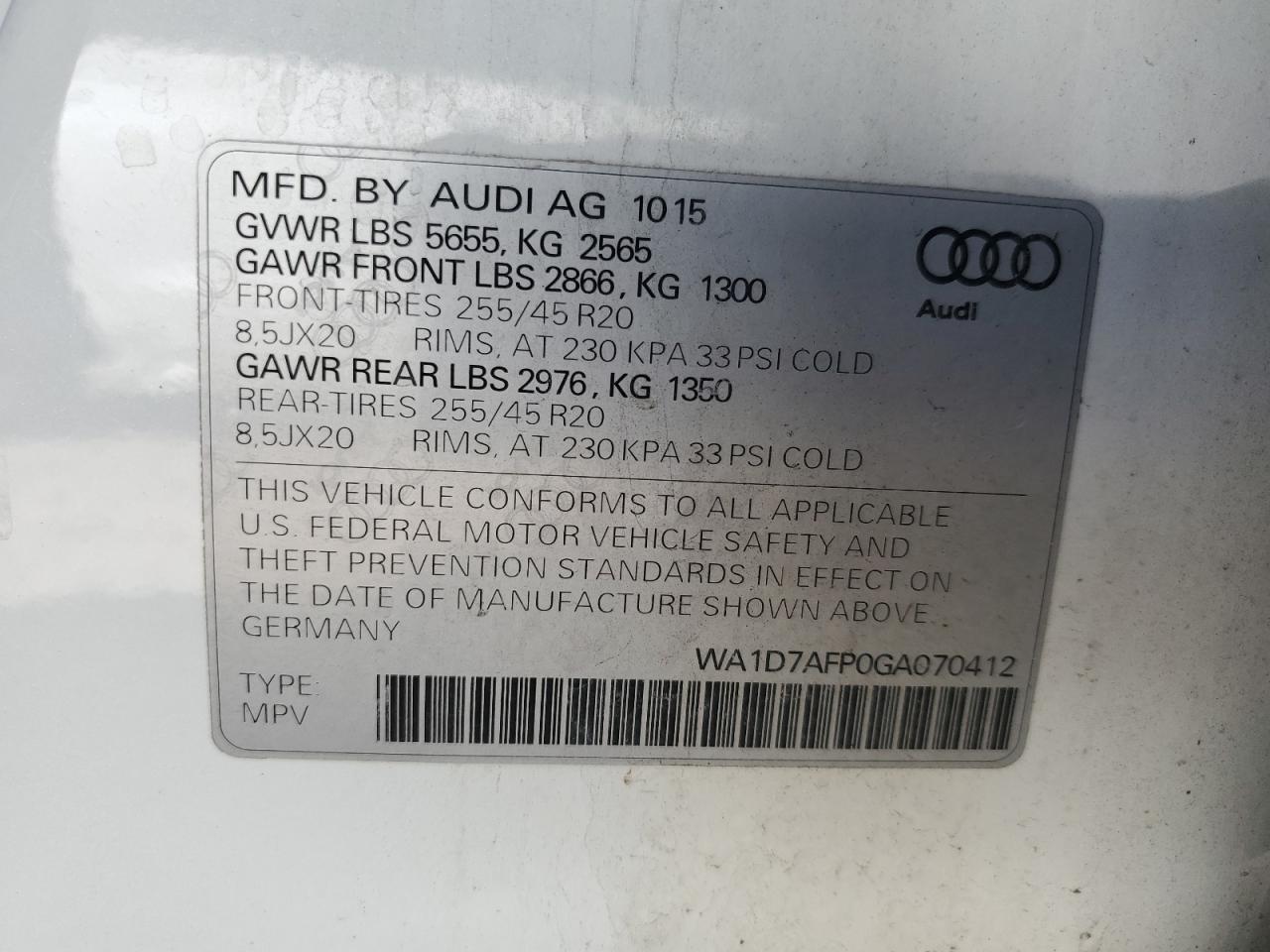 2016 Audi Q5 VIN WA1D7AFP0GA070412 Copart auction photo, all over damage thumbnail 13