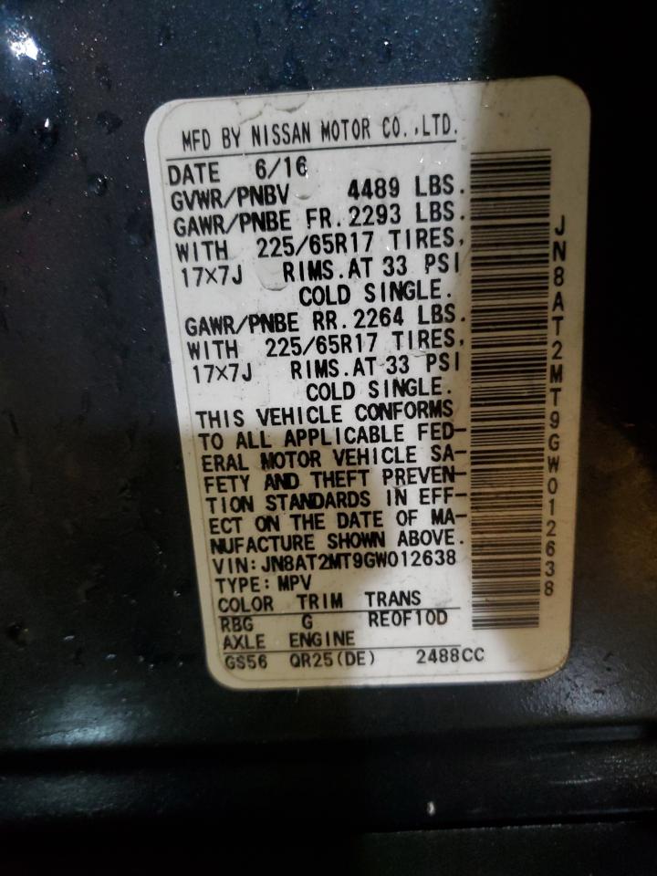 2016 Nissan Rogue VIN JN8AT2MT9GW012638 Copart auction photo, rear end / minor dent/scratches damage thumbnail 13