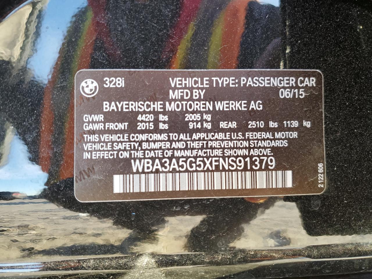 2015 BMW 3er VIN WBA3A5G5XFNS91379 Copart auction photo, front end damage thumbnail 12