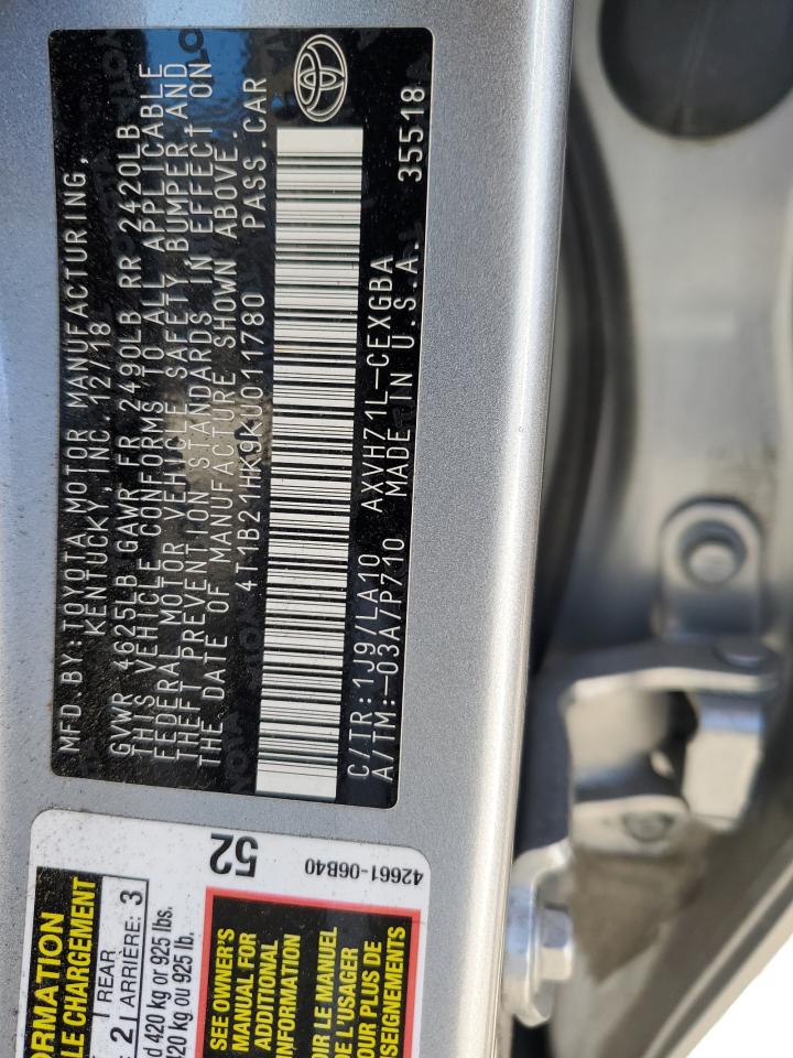 2019 Toyota Camry VIN 4T1B21HK9KU011780 Copart auction photo, front end damage thumbnail 12