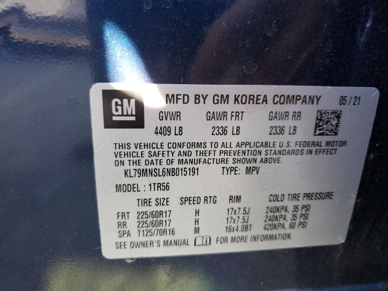 2022 Chevrolet TrailBlazer VIN KL79MNSL6NB015191 Copart auction photo, side damage thumbnail 13