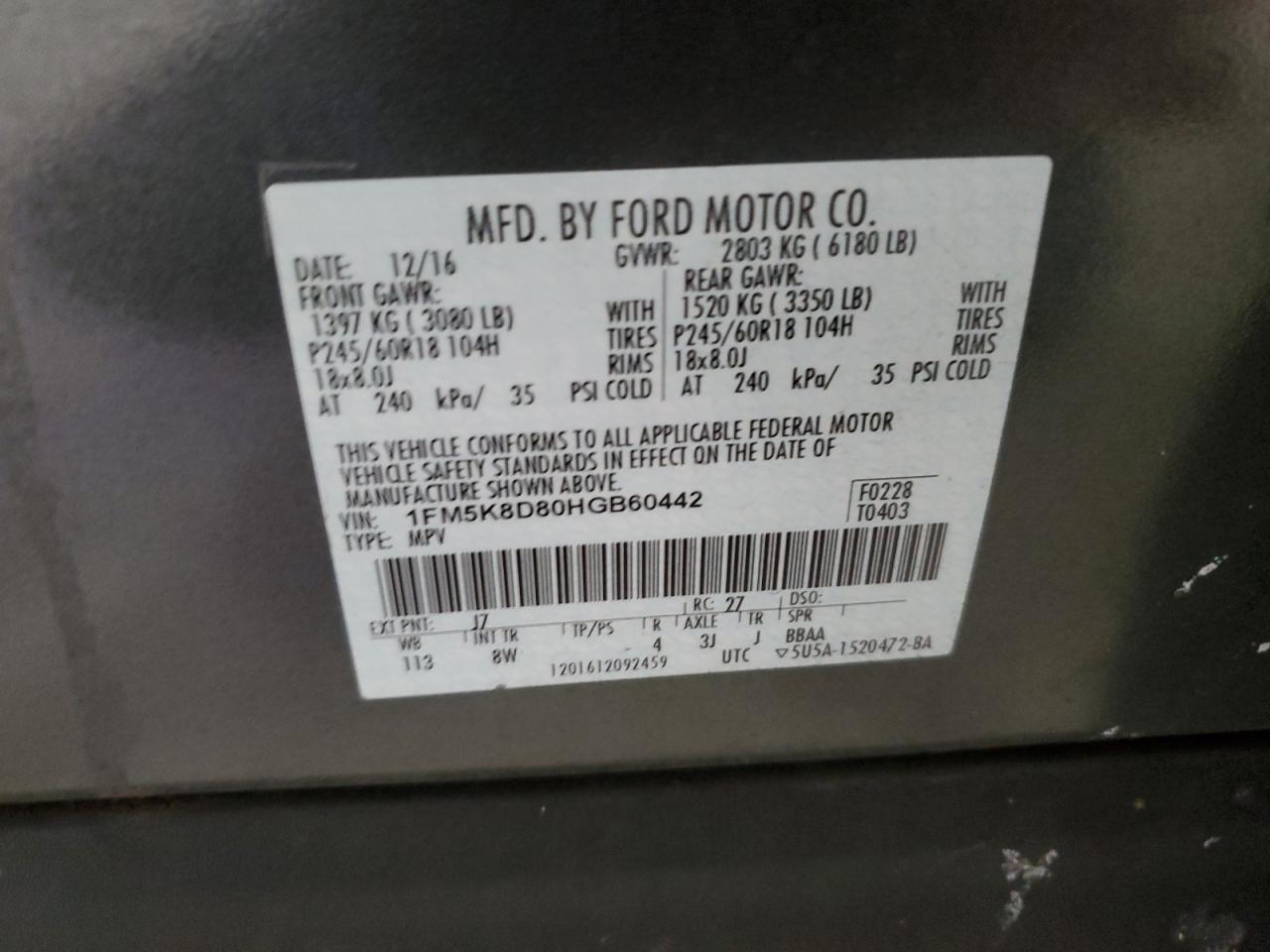 2017 Ford Explorer VIN 1FM5K8D80HGB60442 Copart auction photo, rear end damage thumbnail 14