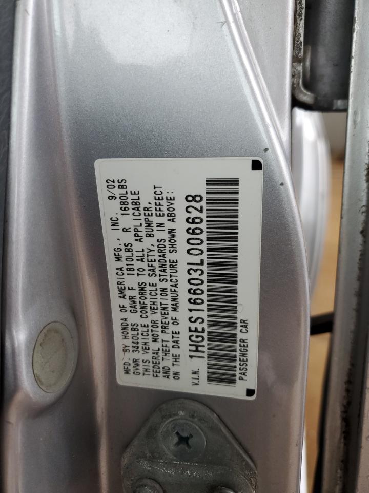 2003 Honda Civic VIN 1HGES16603L006628 Copart auction photo, rear end damage thumbnail 12