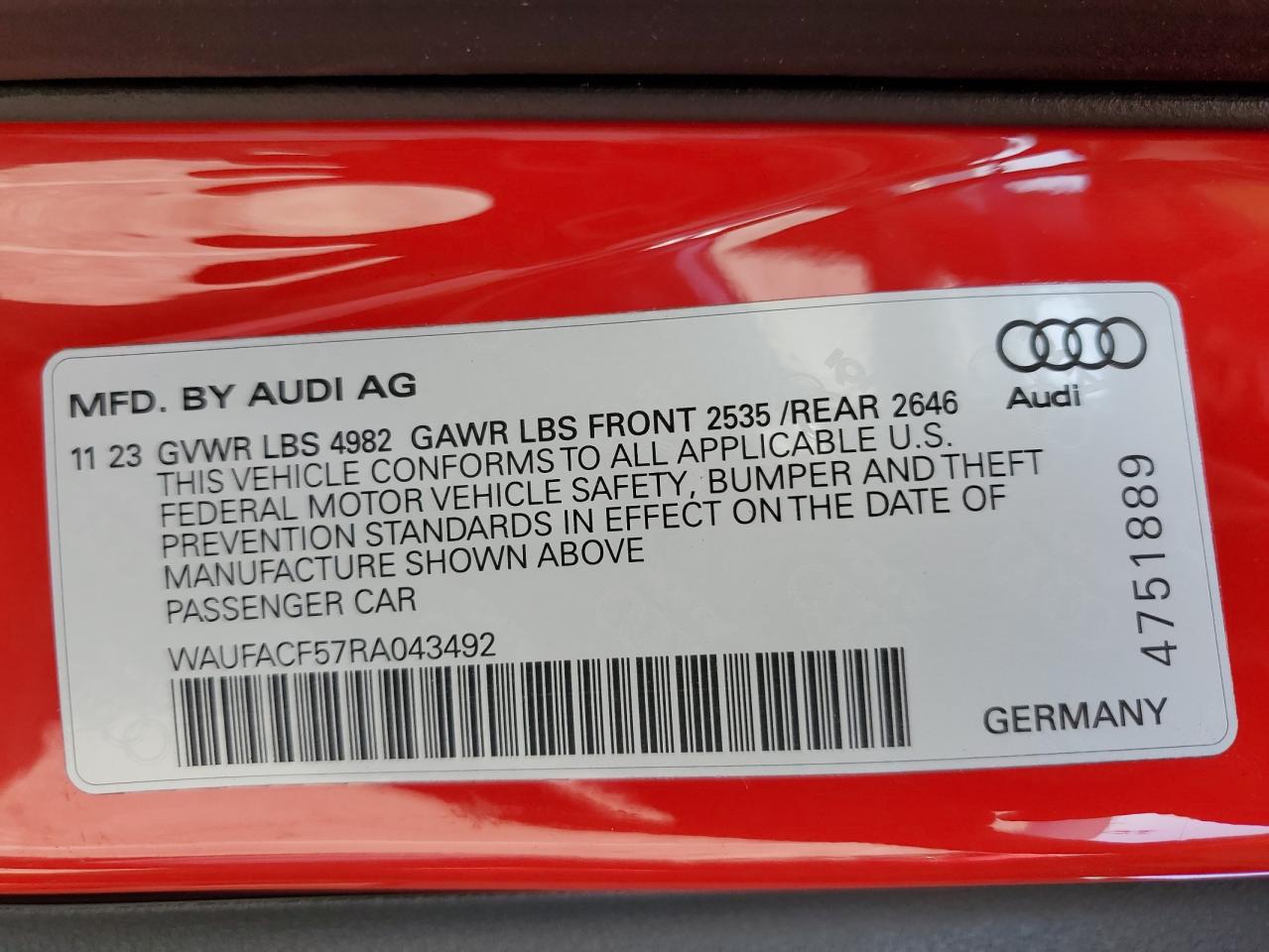 2024 Audi A5 VIN WAUFACF57RA043492 Copart auction photo, front end / rear end damage thumbnail 15