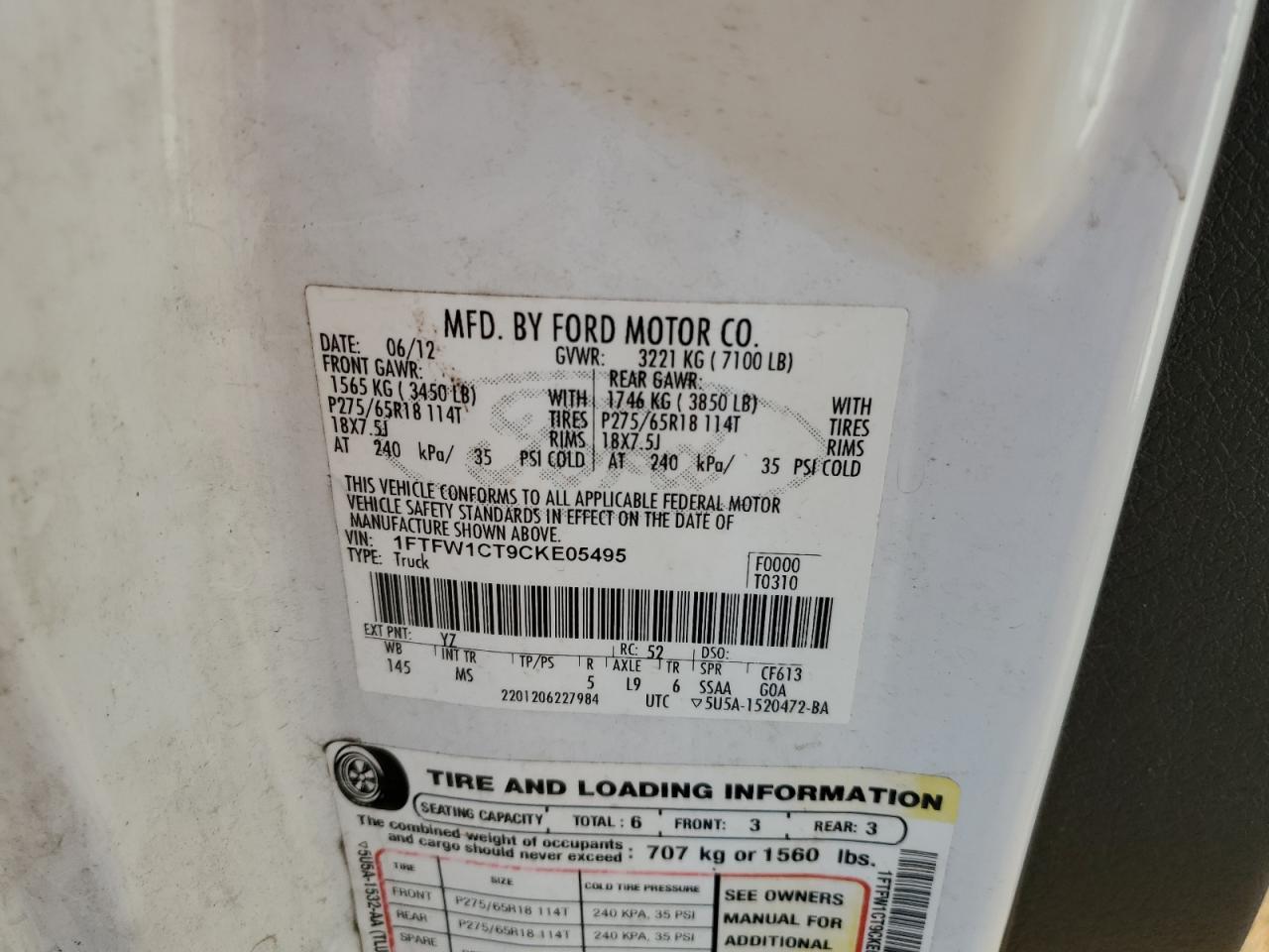 2012 Ford F-150 VIN 1FTFW1CT9CKE05495 Copart auction photo, biohazard/chemical / front end damage thumbnail 12