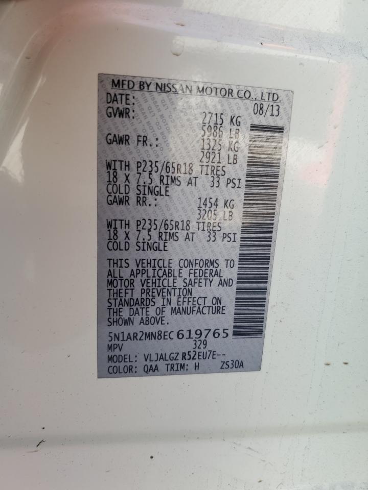 2014 Nissan Pathfinder VIN 5N1AR2MN8EC619765 Copart auction photo, front end / minor dent/scratches damage thumbnail 13
