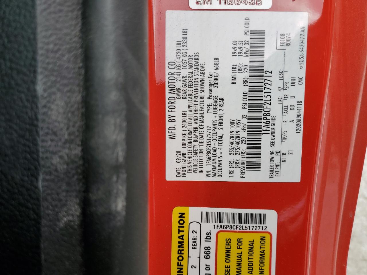 2020 Ford Mustang VIN 1FA6P8CF2L5172712 Copart auction photo, undercarriage / front end damage thumbnail 15