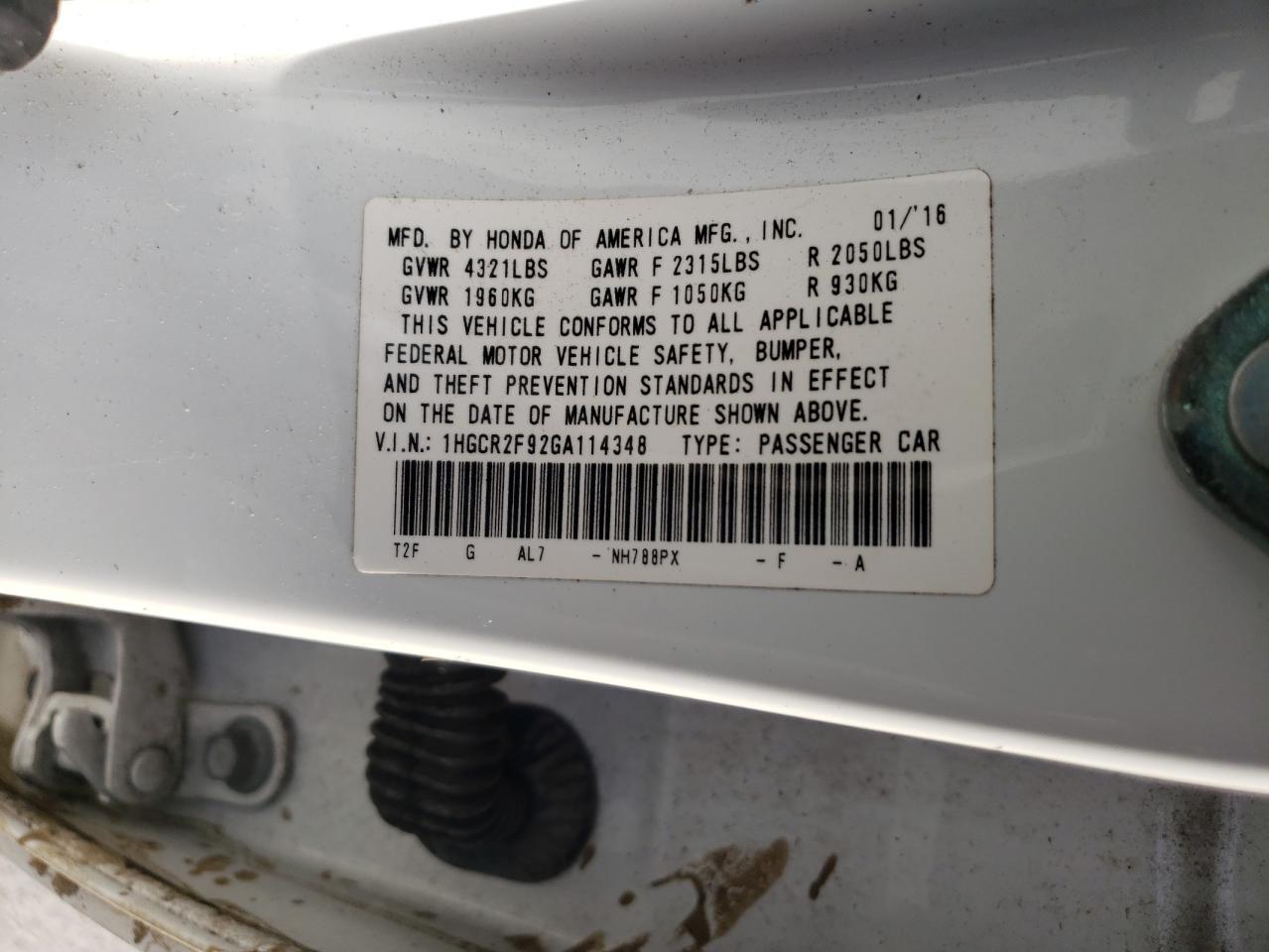 2016 Honda Accord VIN 1HGCR2F92GA114348 Copart auction photo, all over damage thumbnail 14