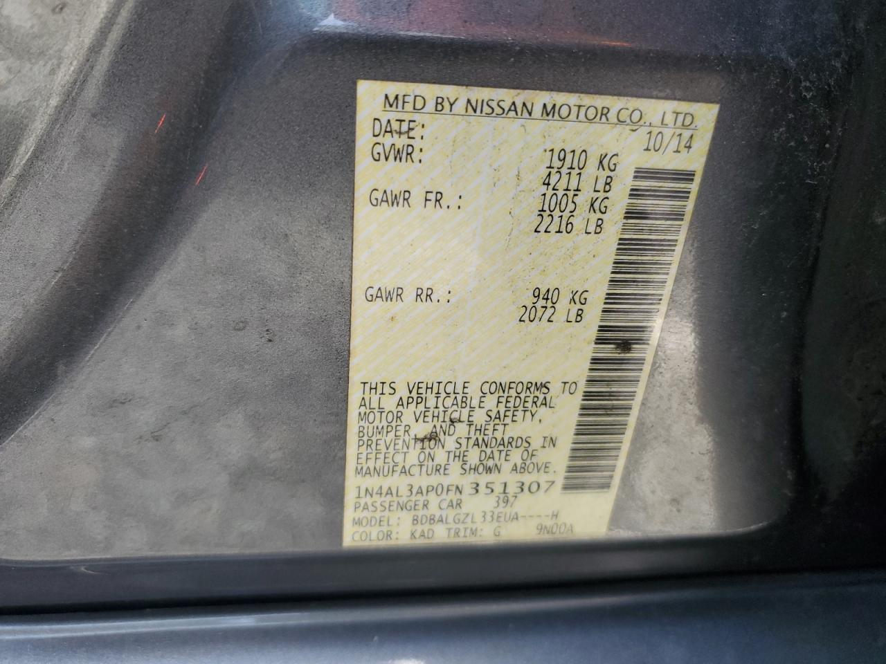 2015 Nissan Altima VIN 1N4AL3AP0FN351307 Copart auction photo, front end damage thumbnail 12