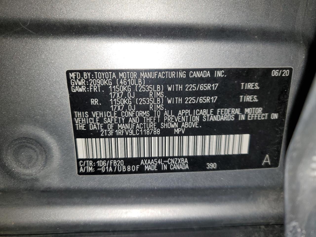 2020 Toyota RAV 4 VIN 2T3F1RFV9LC118788 Copart auction photo, front end / side damage thumbnail 12