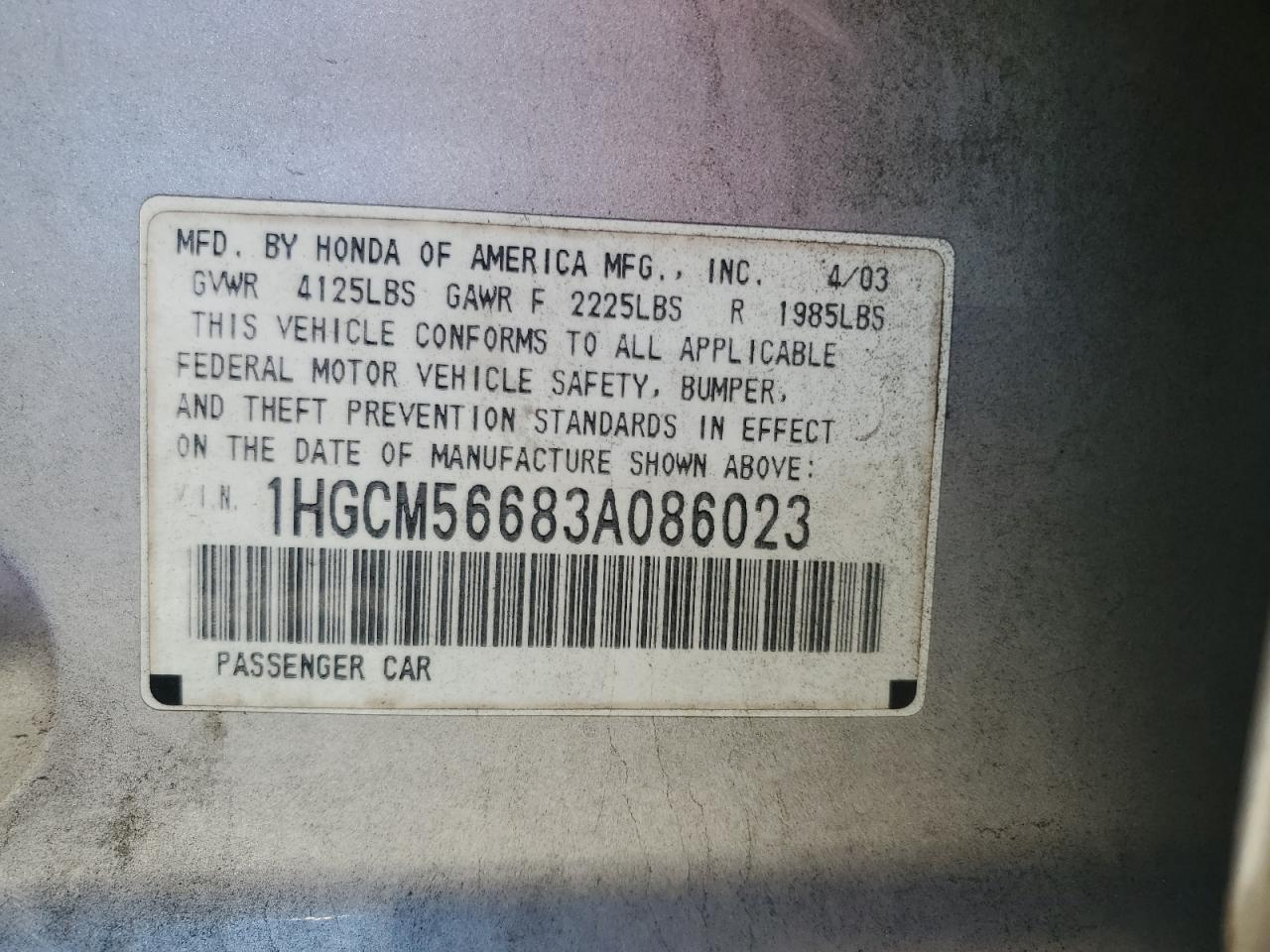 2003 Honda Accord VIN 1HGCM56683A086023 Copart auction photo, rear end damage thumbnail 12