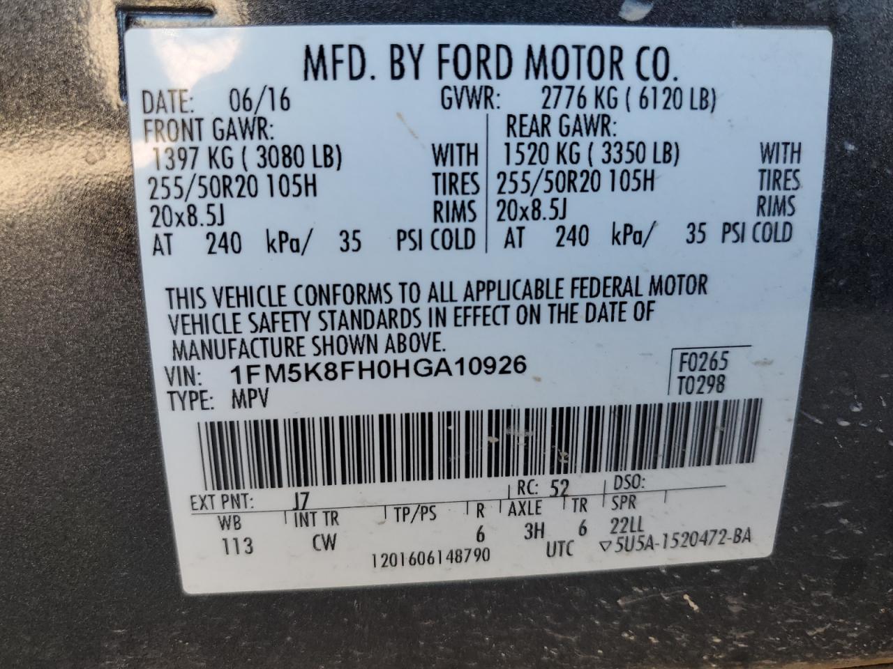2017 Ford Explorer VIN 1FM5K8FH0HGA10926 Copart auction photo, burn damage thumbnail 13