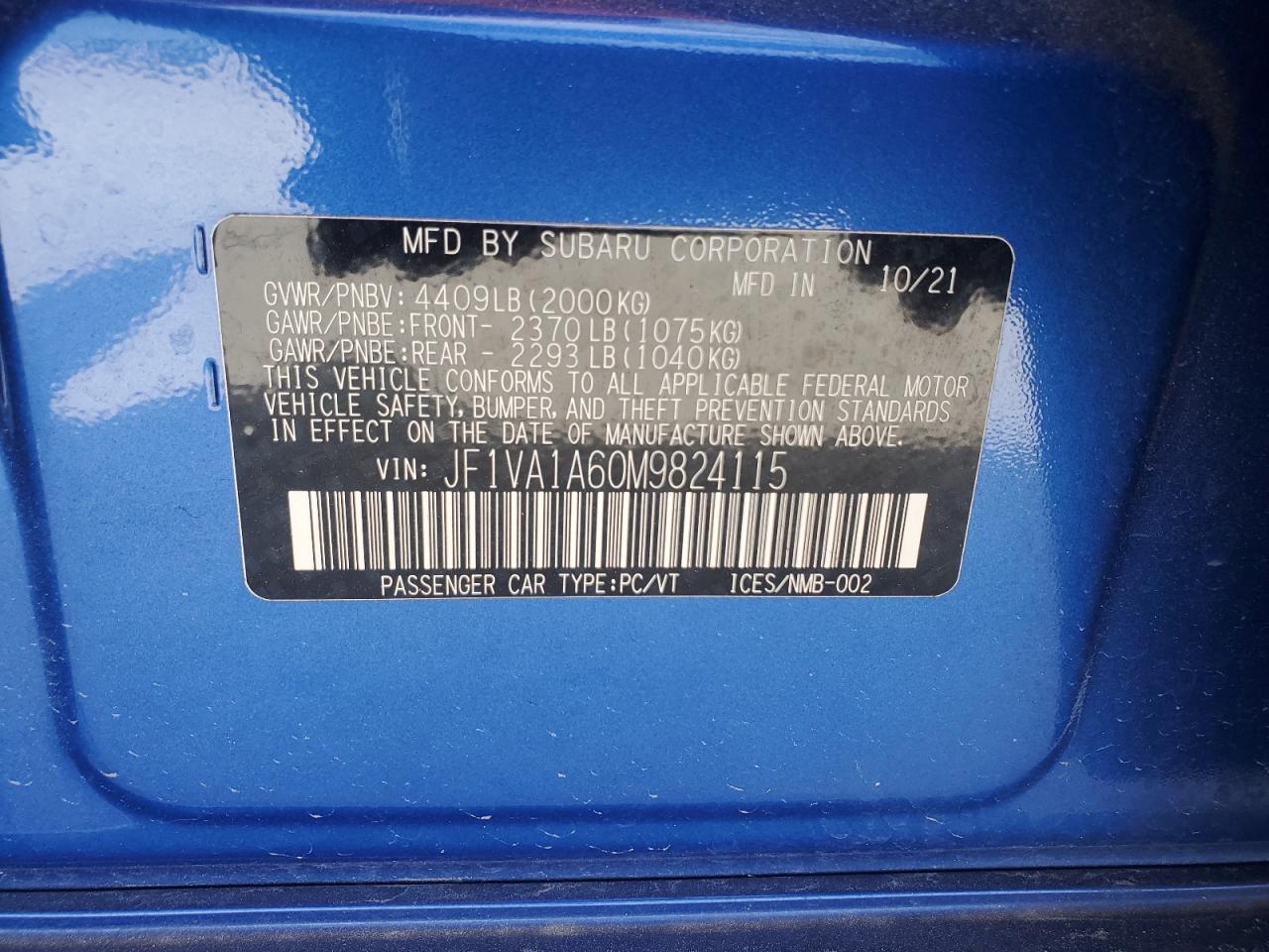 2021 Subaru WRX VIN JF1VA1A60M9824115 Copart auction photo, front end damage thumbnail 12