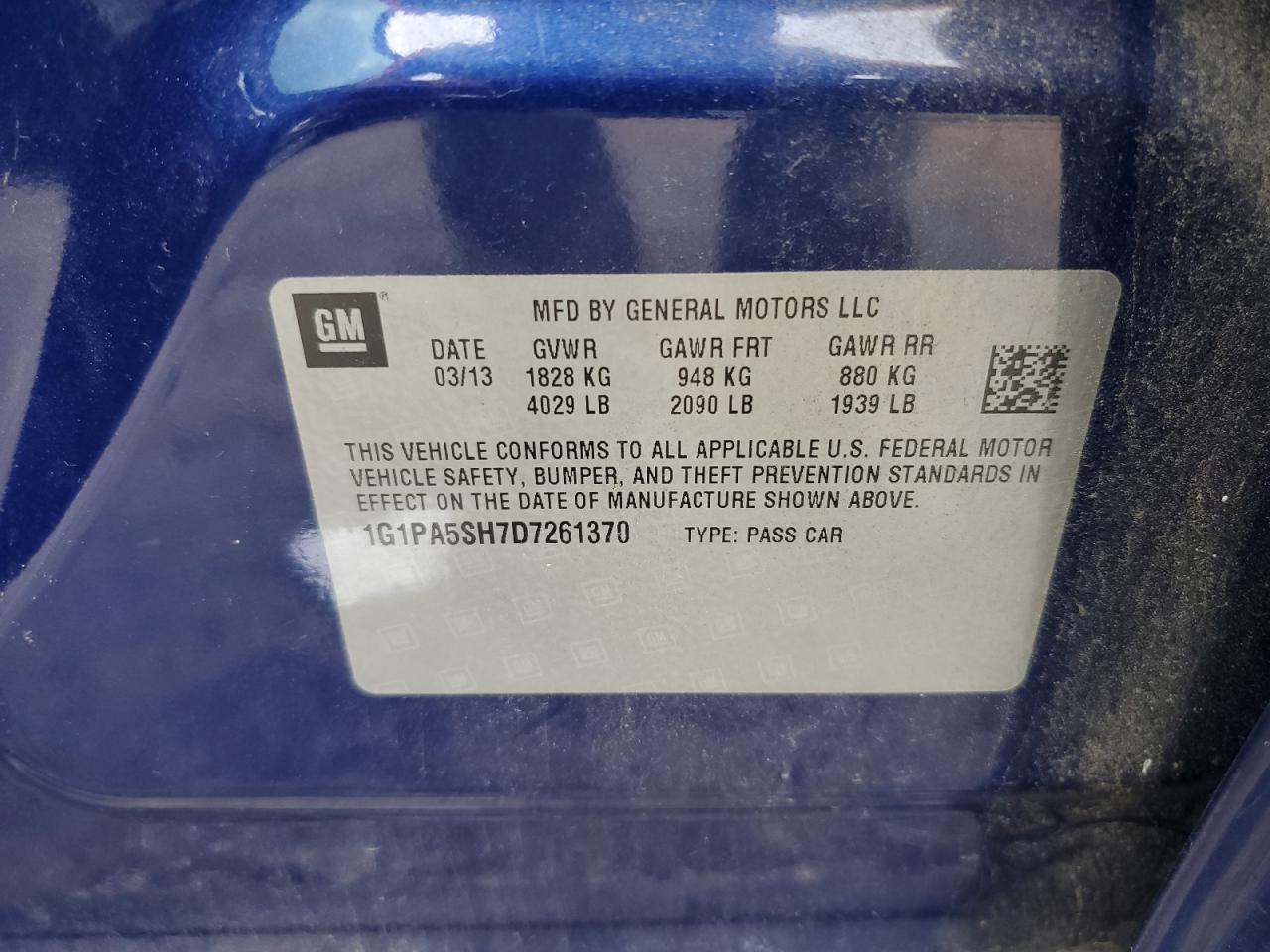 2013 Chevrolet Cruze VIN 1G1PA5SH7D7261370 Copart auction photo, front end damage thumbnail 12