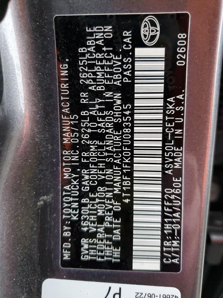 2015 Toyota Camry VIN 4T1BF1FK0FU083545 Copart auction photo, all over damage thumbnail 15