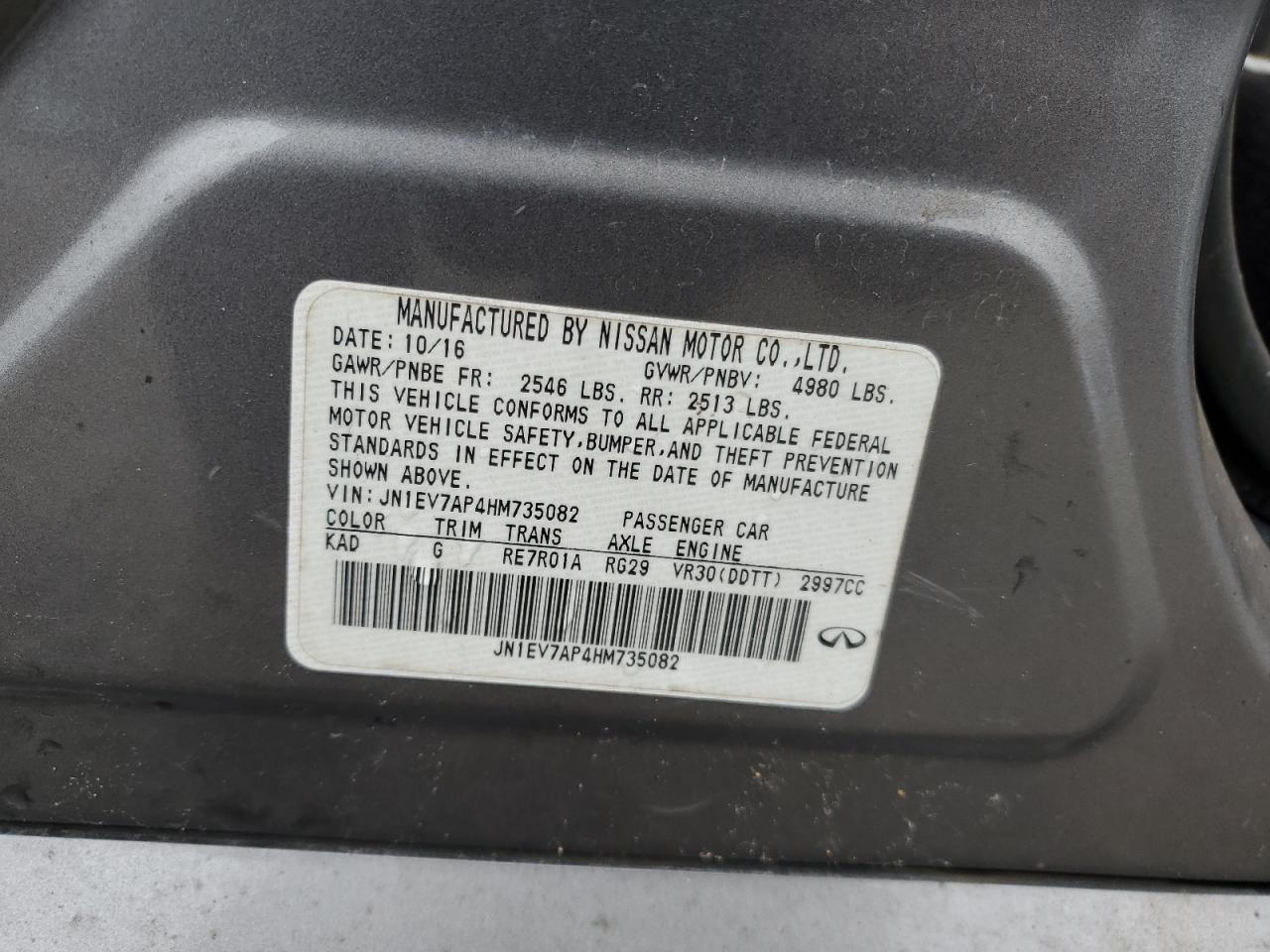 2017 Infiniti Q50 VIN JN1EV7AP4HM735082 Copart auction photo, all over / front end damage thumbnail 12