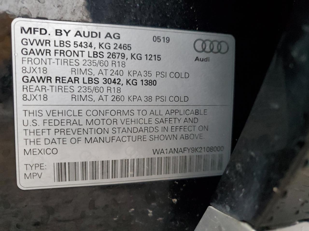2019 Audi Q5 VIN WA1ANAFY9K2108000 Copart auction photo, front end / minor dent/scratches damage thumbnail 14