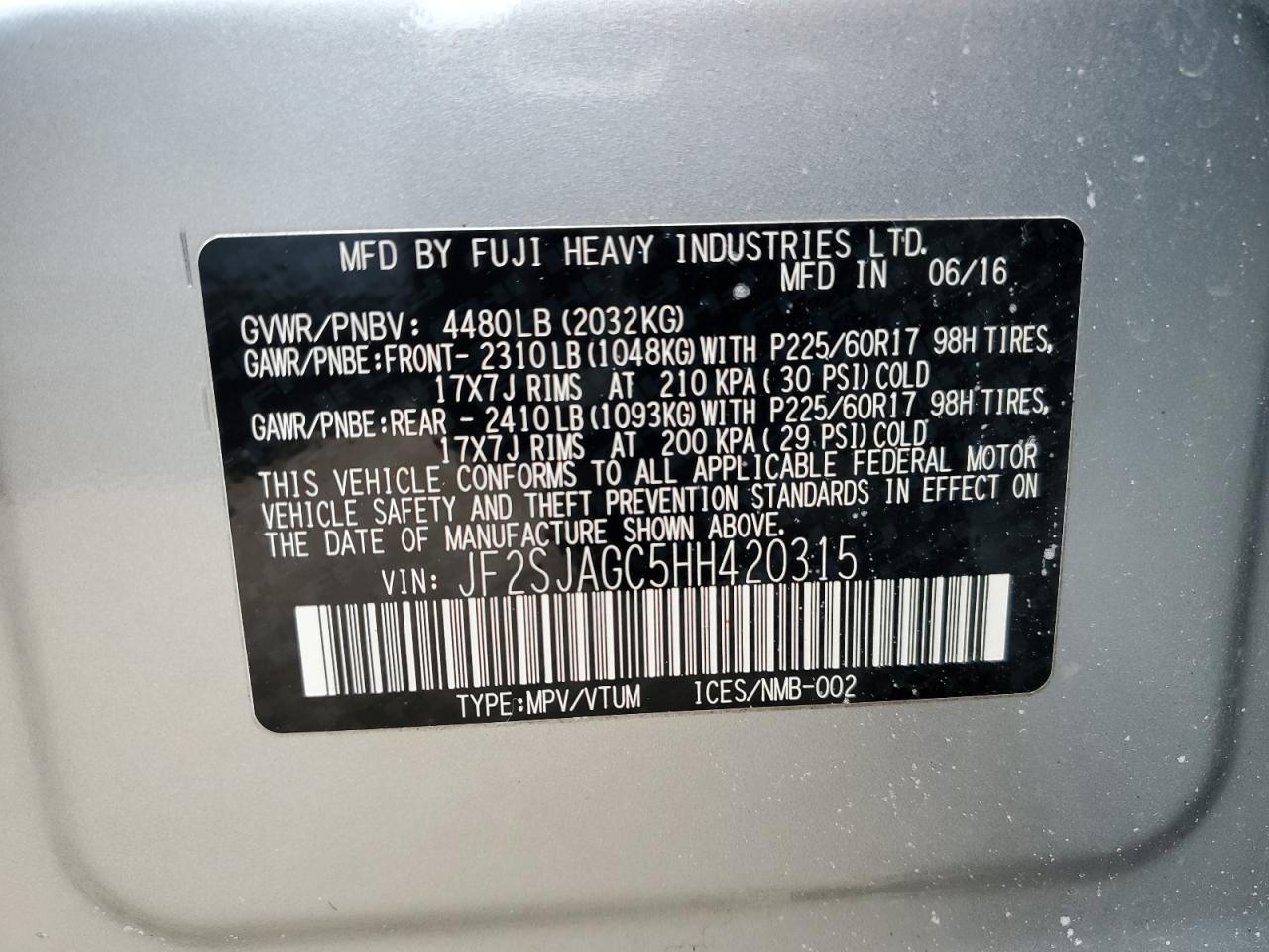 2017 Subaru Forester VIN JF2SJAGC5HH420315 Copart auction photo, side / front end damage thumbnail 12