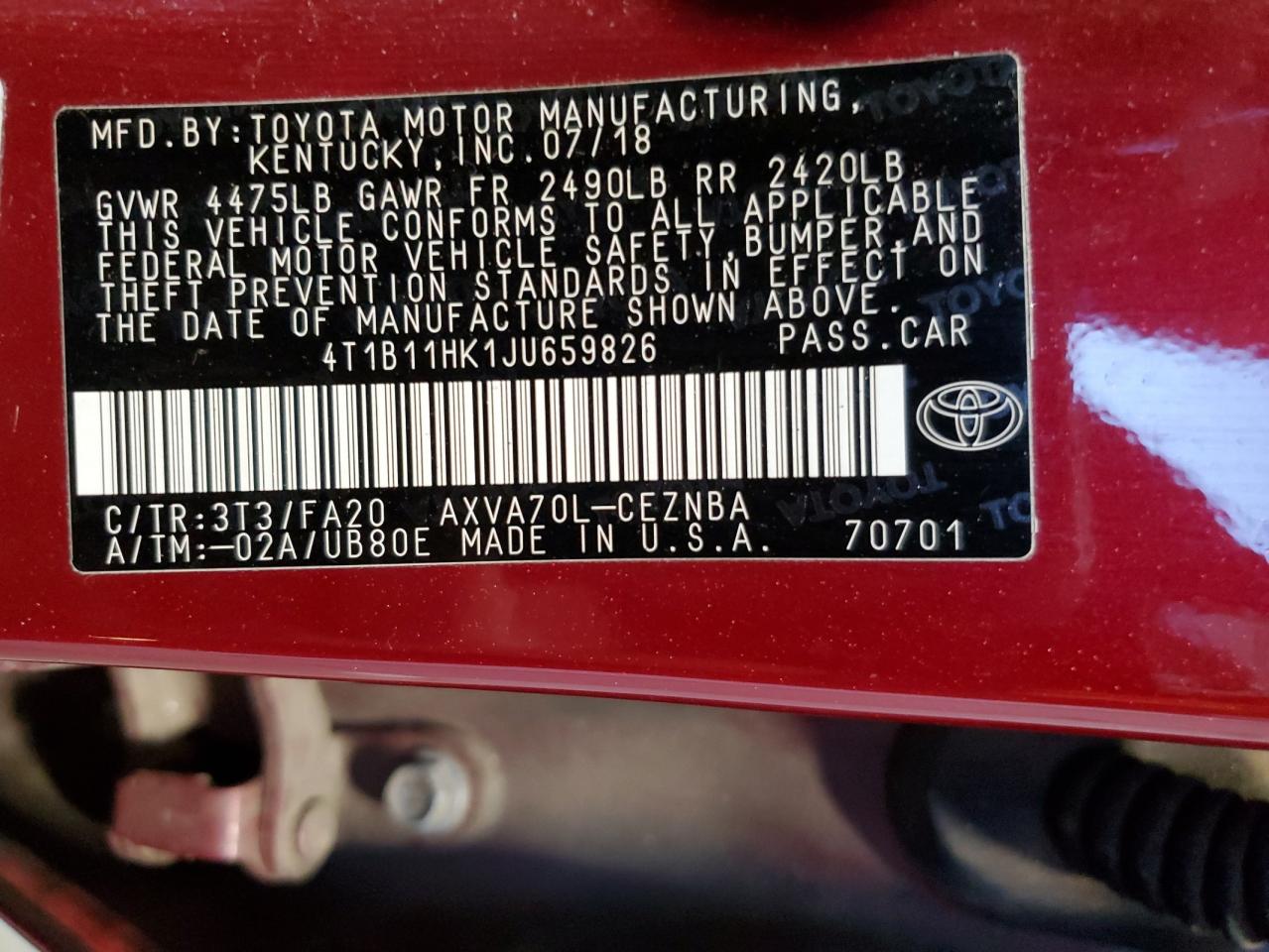 2018 Toyota Camry VIN 4T1B11HK1JU659826 Copart auction photo, front end damage thumbnail 13
